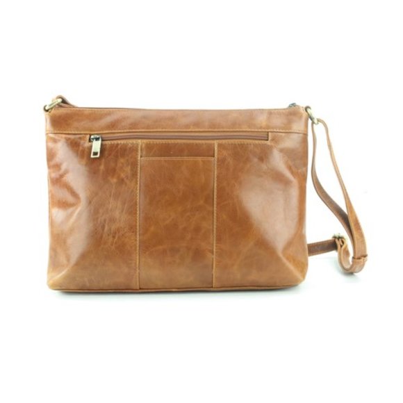 Tan Cowhide Leather Zip-Top Handbag with Front Snap Pocket and Adjustable Should - Picture 2 of 2